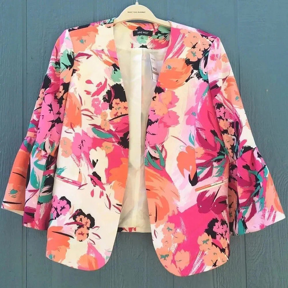 NEW Nine West Women’s Size 12 Ruffle Sleeve Pink Floral Blazer Jacket - Picture 3 of 7